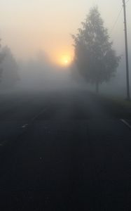 Preview wallpaper road, fog, trees, dark