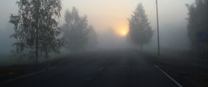 Preview wallpaper road, fog, trees, dark