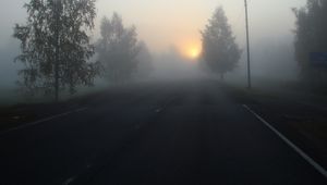 Preview wallpaper road, fog, trees, dark