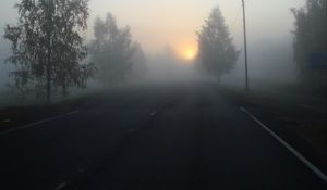 Preview wallpaper road, fog, trees, dark
