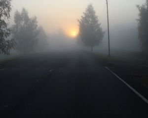 Preview wallpaper road, fog, trees, dark