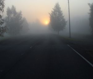 Preview wallpaper road, fog, trees, dark