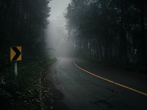 Preview wallpaper road, fog, trees, mist, nature