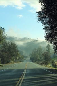 Preview wallpaper road, fog, trees, mountains, morning, landscape