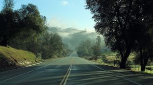 Preview wallpaper road, fog, trees, mountains, morning, landscape