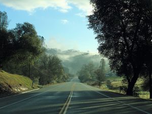 Preview wallpaper road, fog, trees, mountains, morning, landscape
