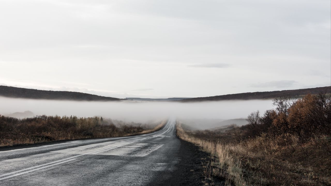 Wallpaper road, fog, valley, morning, nature