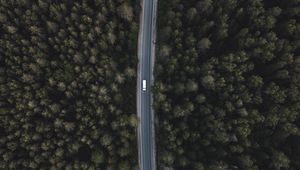 Preview wallpaper road, forest, aerial view, trees, tops