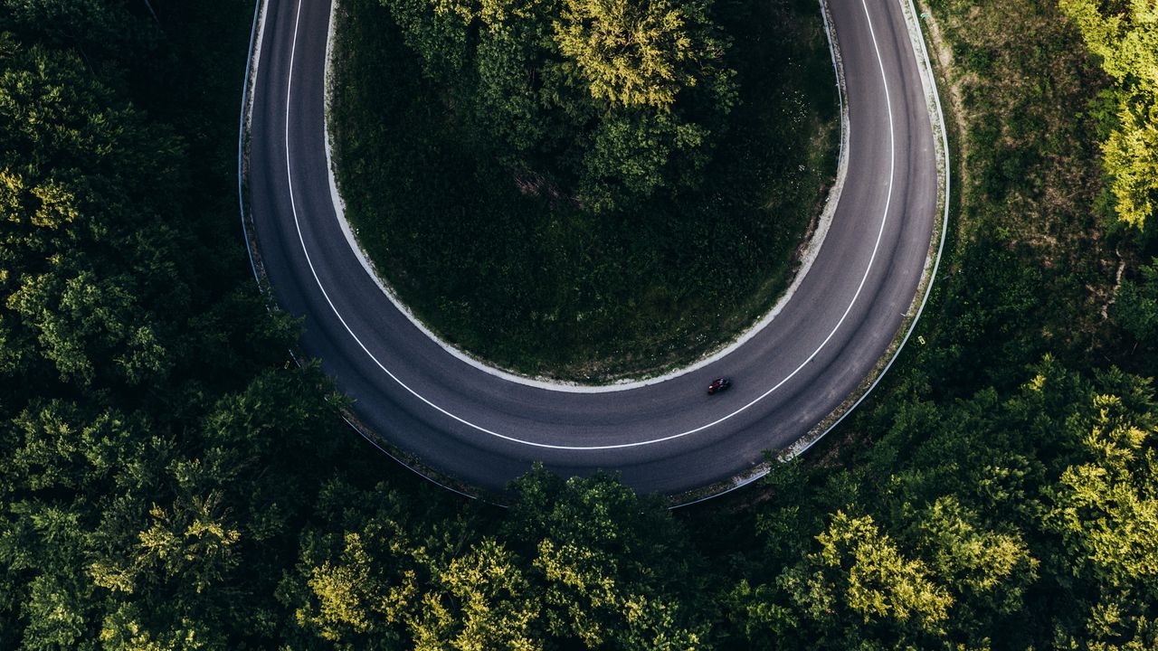 Wallpaper road, forest, aerial view, turn, winding