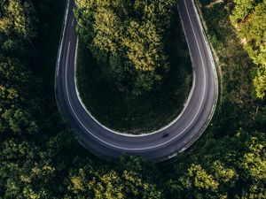 Preview wallpaper road, forest, aerial view, turn, winding