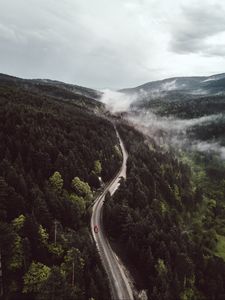 Preview wallpaper road, forest, aerial view, mountains, hills