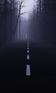 Preview wallpaper road, forest, fog, mist, trees, dark