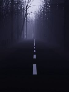 Preview wallpaper road, forest, fog, mist, trees, dark