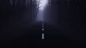 Preview wallpaper road, forest, fog, mist, trees, dark