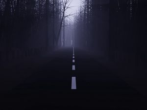 Preview wallpaper road, forest, fog, mist, trees, dark