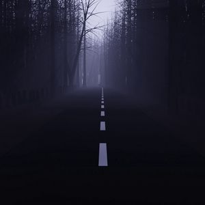 Preview wallpaper road, forest, fog, mist, trees, dark