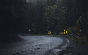 Preview wallpaper road, forest, fog, turn, asphalt, trees