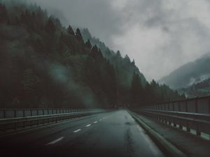 Preview wallpaper road, forest, fog, dark