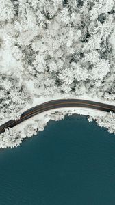 Preview wallpaper road, forest, lake, winter, aerial view