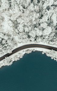 Preview wallpaper road, forest, lake, winter, aerial view