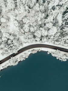 Preview wallpaper road, forest, lake, winter, aerial view