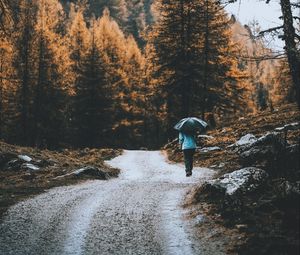 Preview wallpaper road, forest, man, umbrella, rain