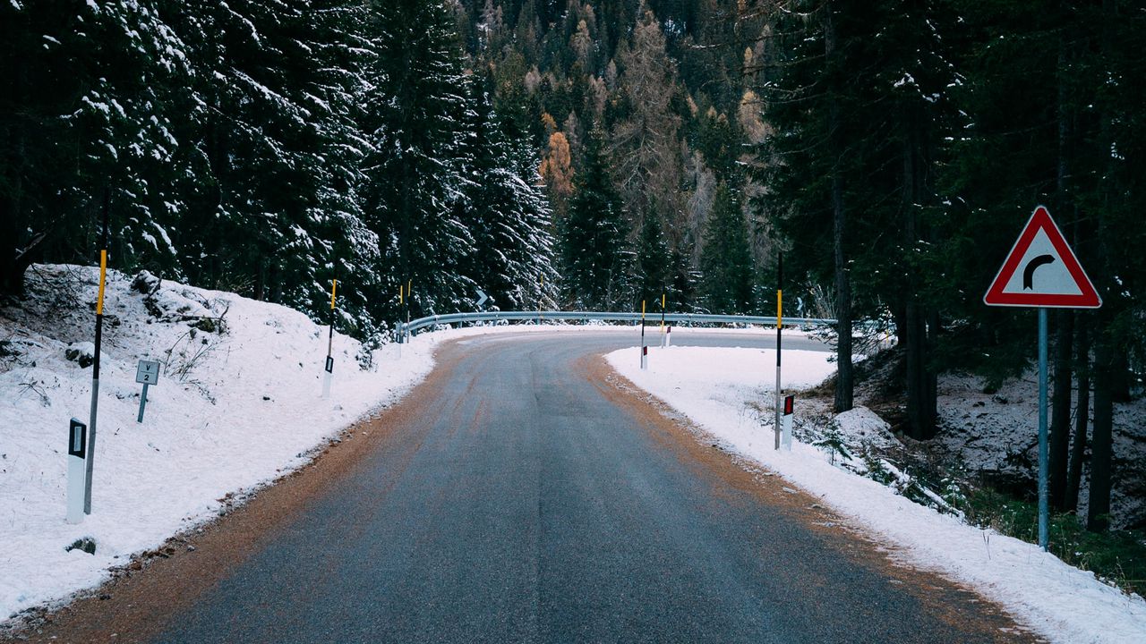 Wallpaper road, forest, mountains, snow, winter