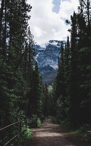 Preview wallpaper road, forest, mountains, trees, snow, clouds