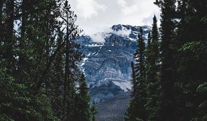 Preview wallpaper road, forest, mountains, trees, snow, clouds