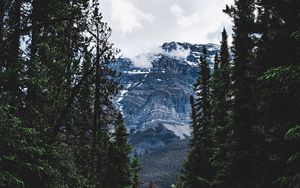 Preview wallpaper road, forest, mountains, trees, snow, clouds