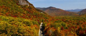Preview wallpaper road, forest, mountains, aerial view, autumn