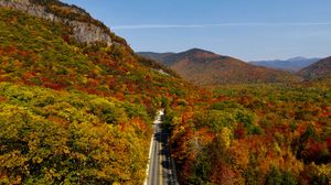 Preview wallpaper road, forest, mountains, aerial view, autumn