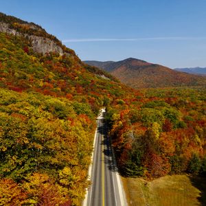 Preview wallpaper road, forest, mountains, aerial view, autumn