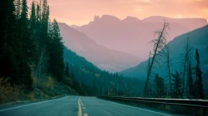 Preview wallpaper road, forest, mountains, dusk, nature