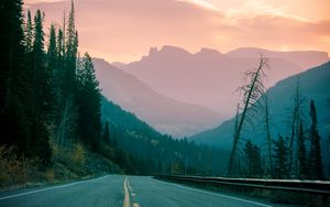 Preview wallpaper road, forest, mountains, dusk, nature