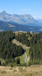 Preview wallpaper road, forest, mountains, building, aerial view, nature