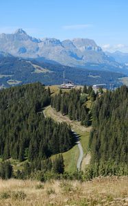 Preview wallpaper road, forest, mountains, building, aerial view, nature