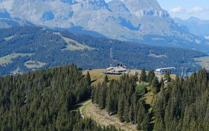 Preview wallpaper road, forest, mountains, building, aerial view, nature