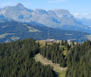 Preview wallpaper road, forest, mountains, building, aerial view, nature