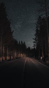 Preview wallpaper road, forest, night, starry sky, turn