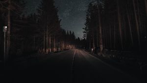 Preview wallpaper road, forest, night, starry sky, turn