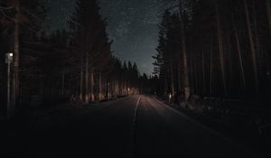 Preview wallpaper road, forest, night, starry sky, turn