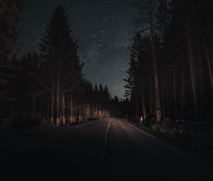 Preview wallpaper road, forest, night, starry sky, turn