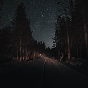 Preview wallpaper road, forest, night, starry sky, turn