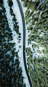 Preview wallpaper road, forest, snow, trees, aerial view