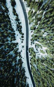 Preview wallpaper road, forest, snow, trees, aerial view