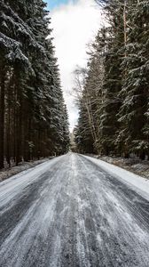 Preview wallpaper road, forest, snow, pines, trees, winter