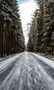 Preview wallpaper road, forest, snow, pines, trees, winter