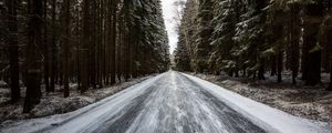 Preview wallpaper road, forest, snow, pines, trees, winter