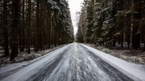 Preview wallpaper road, forest, snow, pines, trees, winter